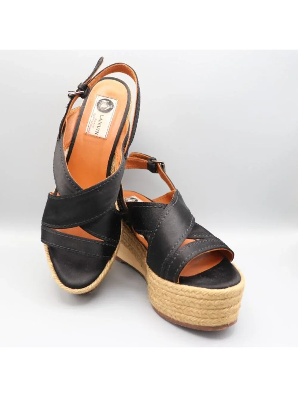 Lanvin Black Satin Platform Espadrille Wedge Sandals Spain Size 37 US 6.5